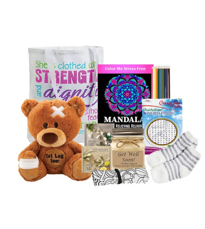 Get Well Teddy and Flowers - Gift Basket