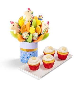 Unicorn Fruit Bouquet & Cupcakes Gift Bundle