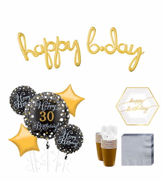 Metallic Gold & Black Birthday Party Kit for 16 Guests